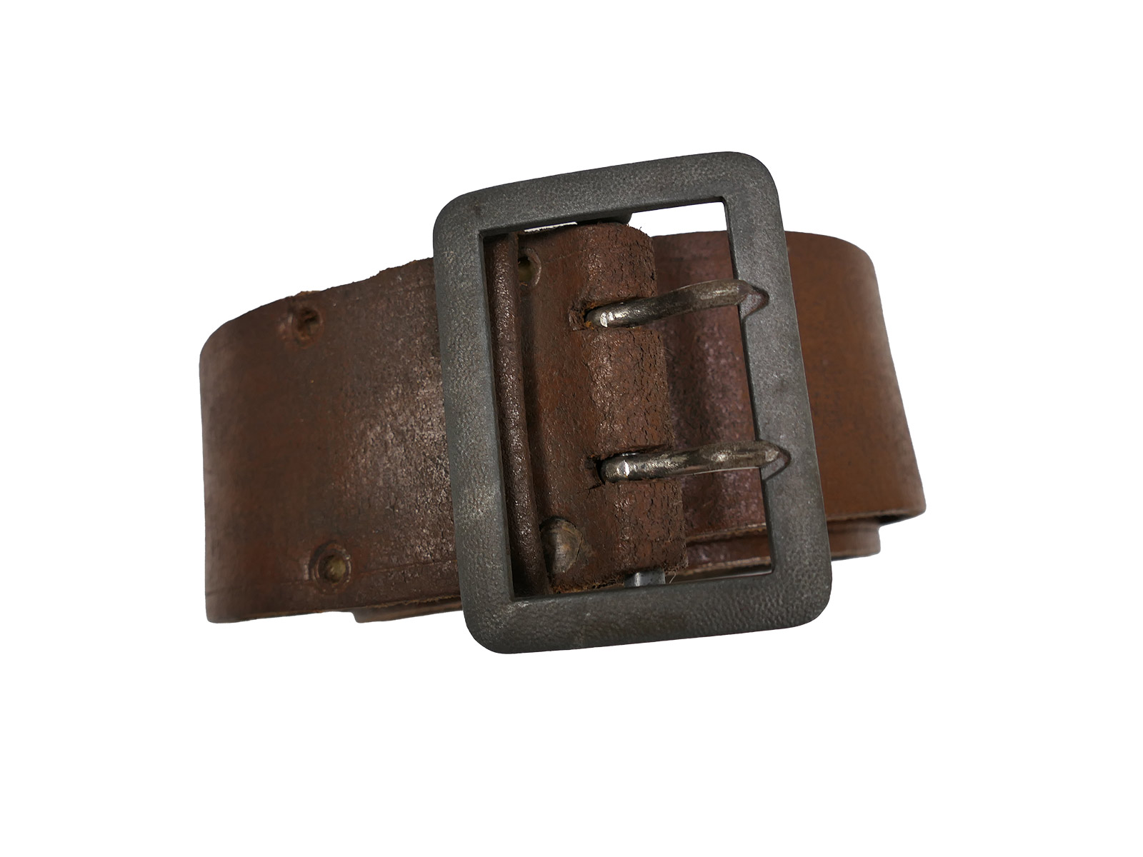 Antique officer’s double-pronged belt, brown, 45mm, leather belt, brown, total length 106cm, BATTLE WORN