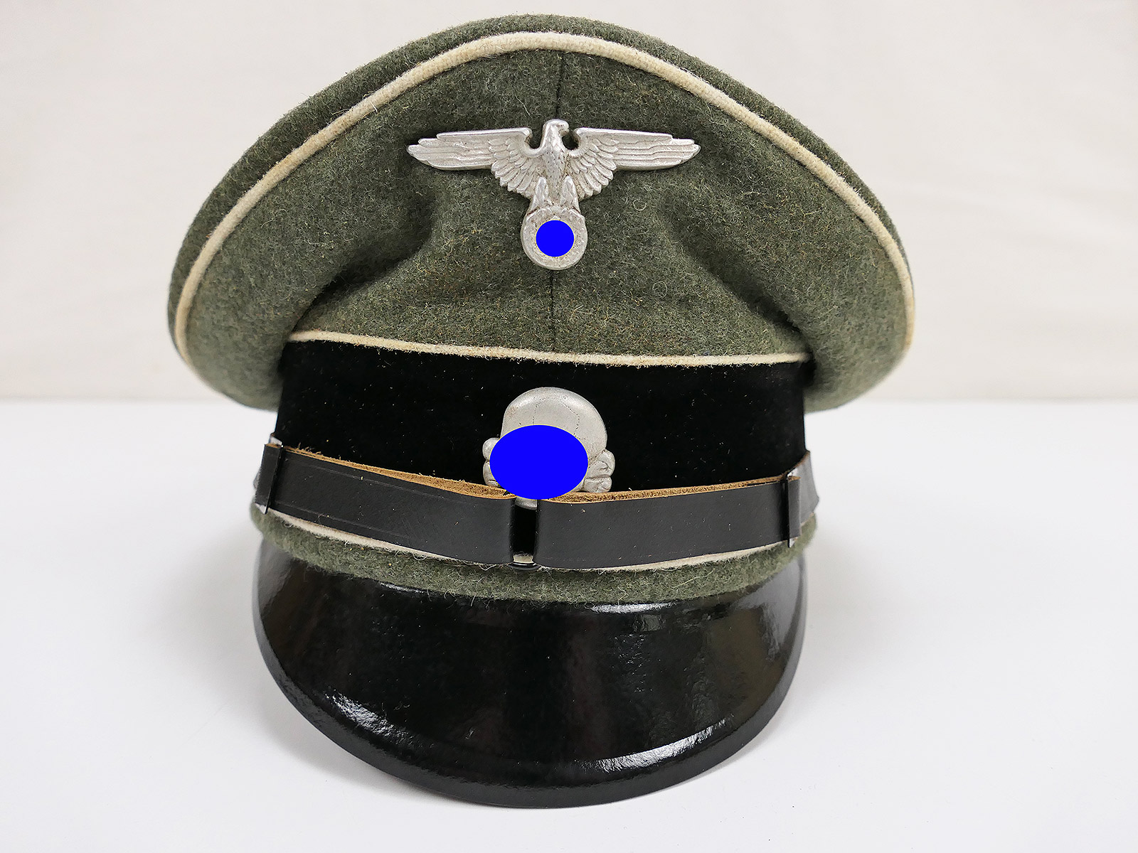 Waffen SS peaked cap officer (but with leather storm strap) size 59 with metal effects