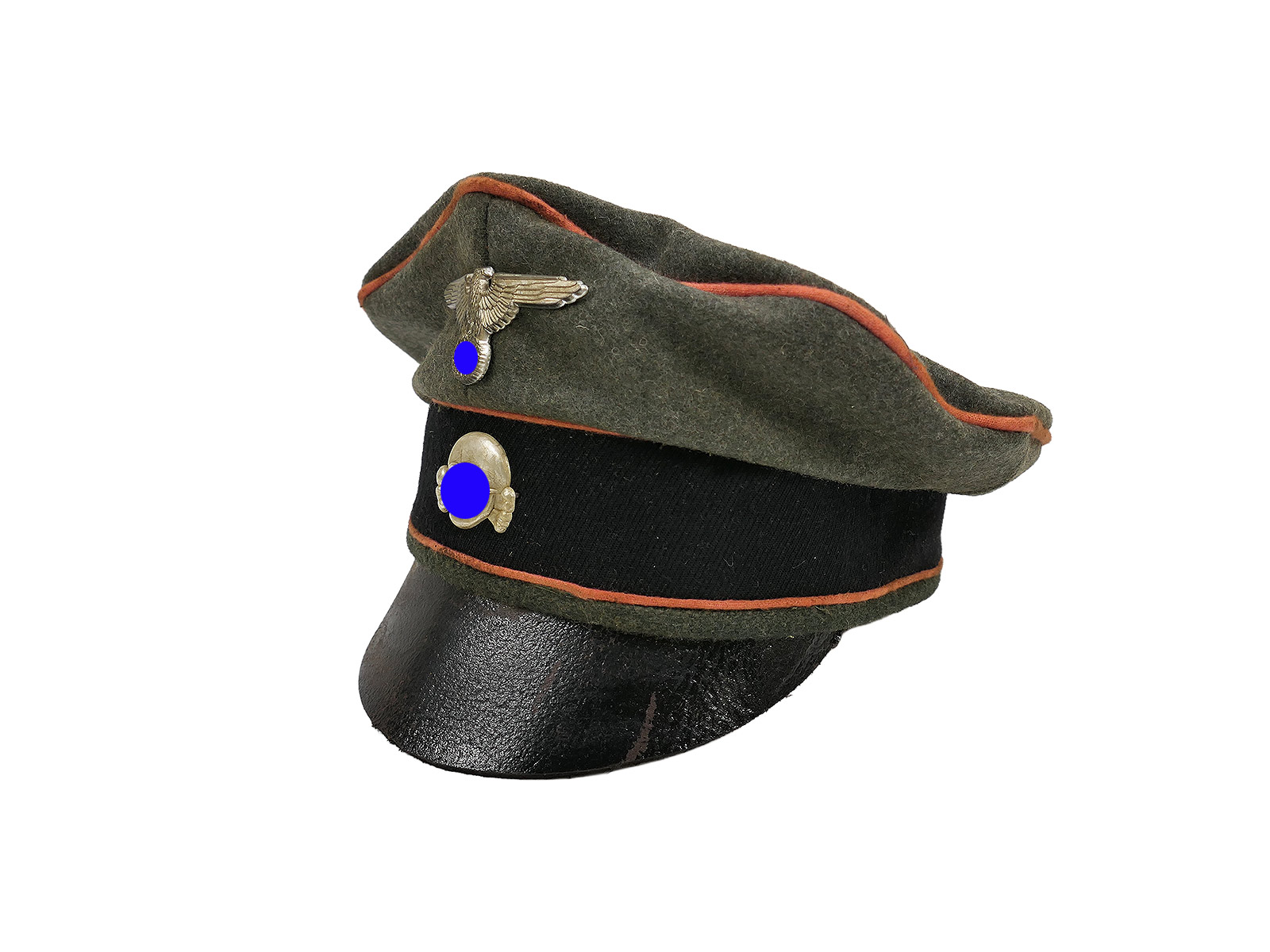 Waffen SS peaked cap, Panzer tank destroyer 'Crusher' cap, old style, size 58/59, with metal detailing, knapsack, flat cap