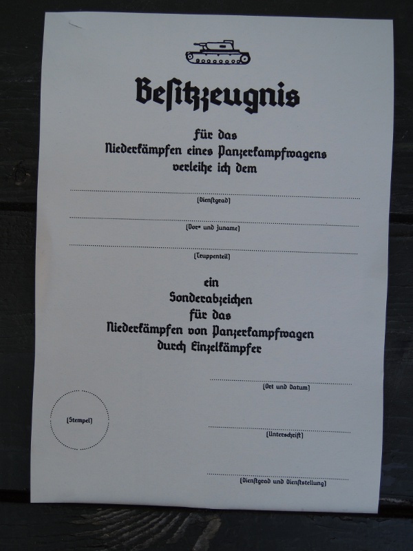 Certificate of possession "Panzervernichter" (tank destroyer)