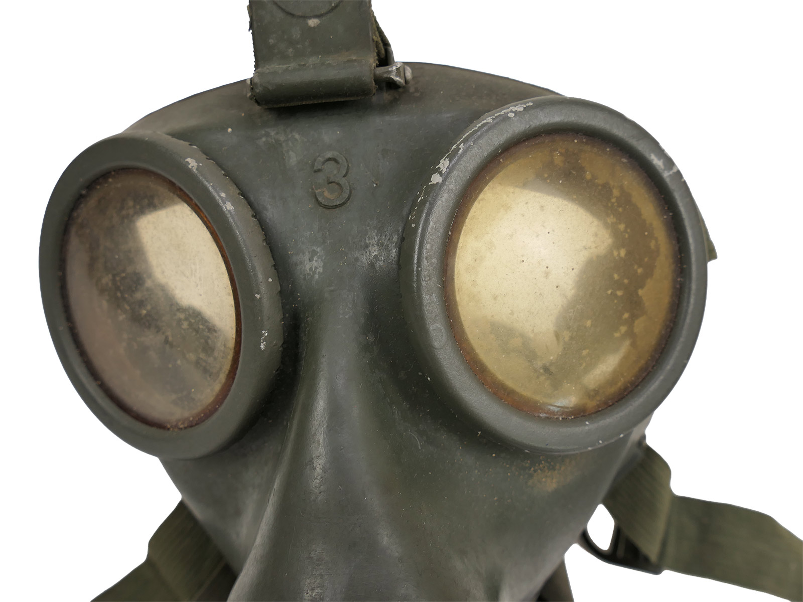 Wehrmacht gas mask, Model 1938, protective mask, Size 3, btc41, rubber with filter, BATTLE WORN