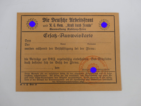 The German Labor Front / Kraft durch Freude Gau Koblenz-Trier Replacement ID card blank w. stamp