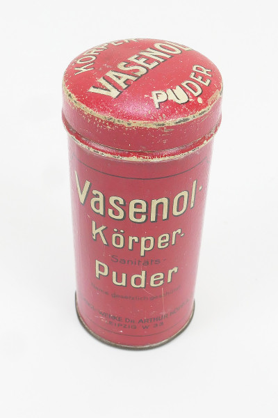 Old tin can shaker Vasenol body powder Dr Arthur Köpp Leipzig