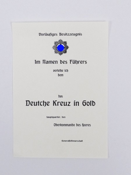 A5 blank certificate German Cross in gold award certificate OKW