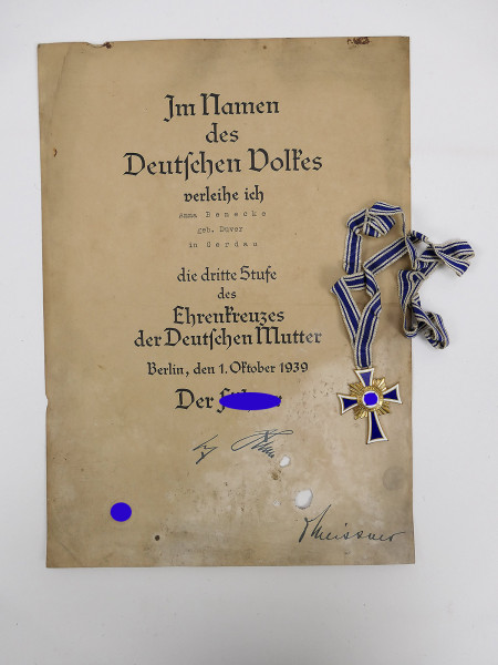 Cross of Honor of the German Mother in Gold / Mother's Cross on a long ribbon with certificate