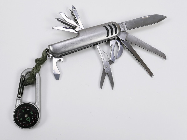 Survival knife Pocket knife with 10 tools + compass + snap hook