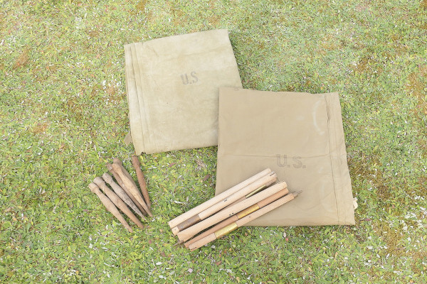 #5 US tent 2x canvas shelter tent canvas tent half 1942 + 2x poles 7x wooden stakes - two-man tent