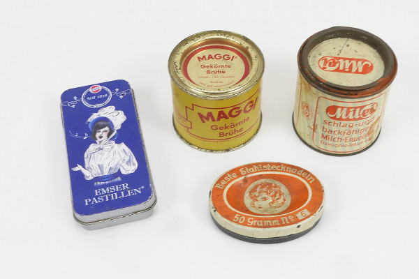 4x old tin can Maggi - Milei - Emser Pastillen - Best steel pins