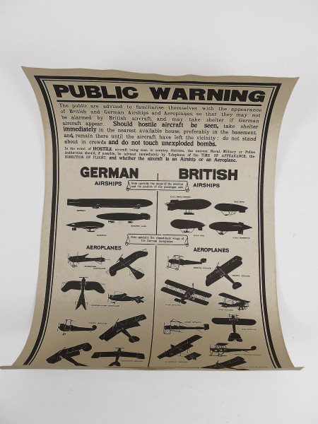 Public Warning German & British Airships 1915 poster with British and German aircraft