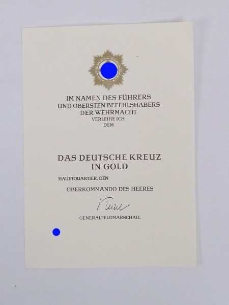 Large Blank Certificate German Cross in Gold Award Certificate GFM Keitel