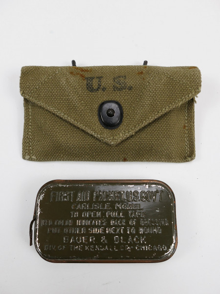 US Army First Aid Kit - Pouch 1942 khaki + Dressing First Aid Carlisle first aid kit metal box