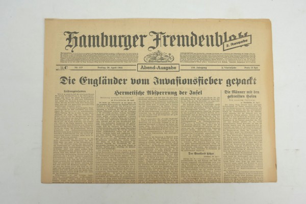 WK2 daily newspaper Hamburger Fremdenblatt newspaper 28 April 1944