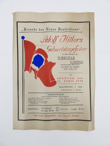 Original poster notice invitation to the birthday celebration of Adolf Hitler in New York - 1934