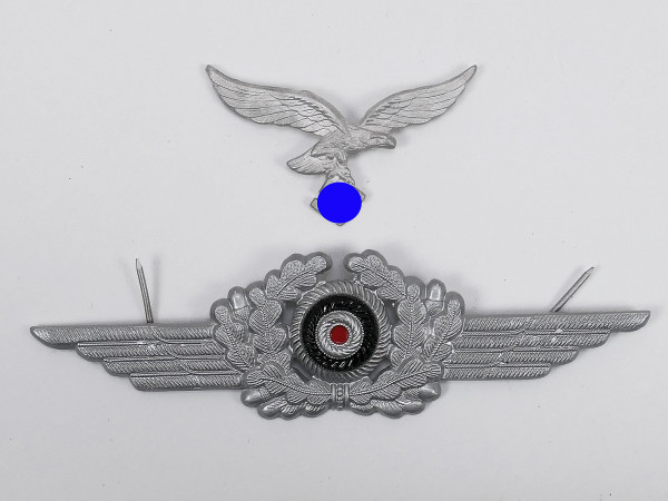 Set of Luftwaffe effects aluminum cap eagle + oak leaf wreath / cockade for peaked cap