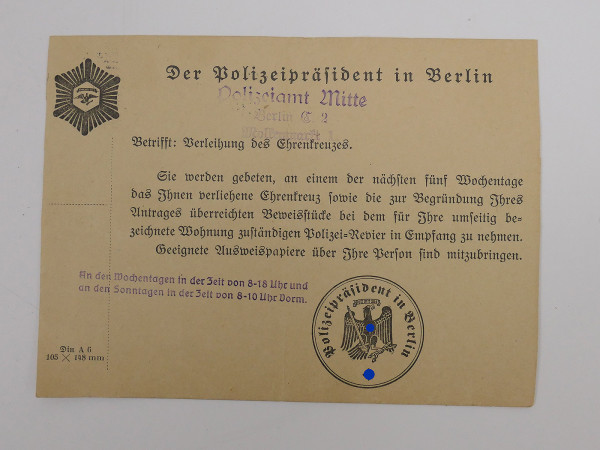 3.Reich Printed matter Award of the Cross of Honor The Chief of Police Berlin Mitte 1935