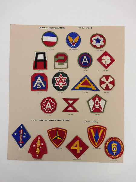 Show Card / Display Board with 20x US ARMY / USMC Patch Badge 1941-1947