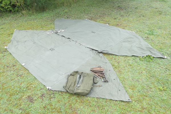 #2 TYPE US WW2 tent 2x tent canvas shelter tent half + poles and wooden stakes - two-man tent