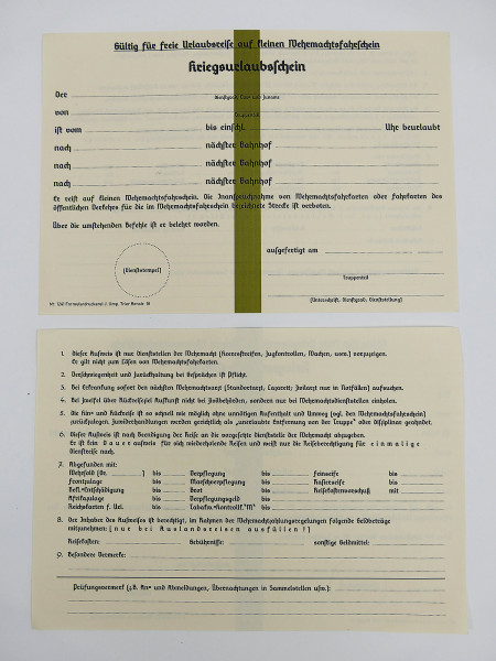 Form "Kriegsurlaubsschein" vacation certificate free vacation trip small Wehrmacht ticket