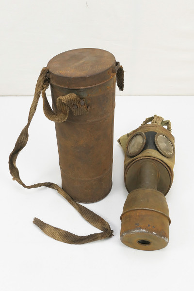 WW2 original French gas mask + filter in gas mask box with remaining respirator civil defense