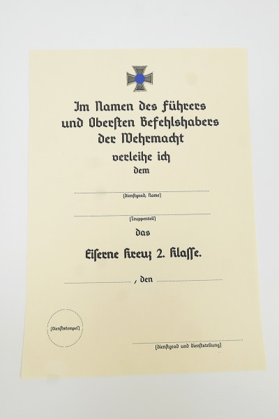 Award certificate Iron Cross 2nd class