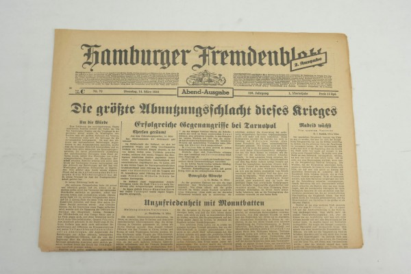 WK2 daily newspaper Hamburger Fremdenblatt newspaper 14 March 1944