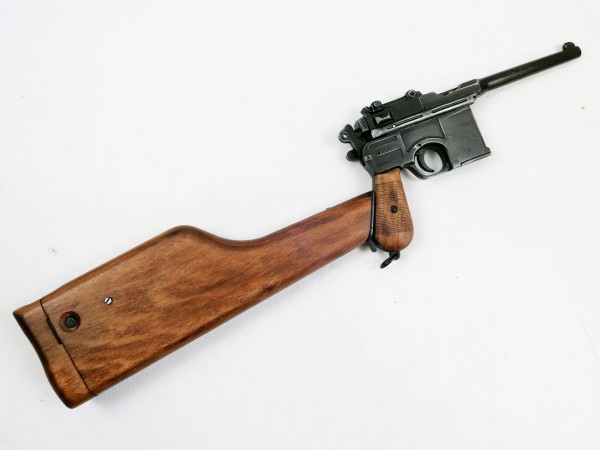 Denix Mauser C96 with wooden shoulder support / original replica antique finish