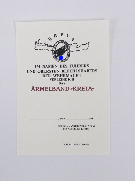 Blank ownership certificate sleeve band Crete certificate paratrooper