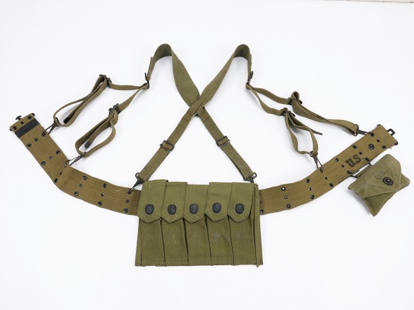 Original US WW2 Set Koppel pistol belt Suspenders Thompson magazine pouch First Aid Kit
