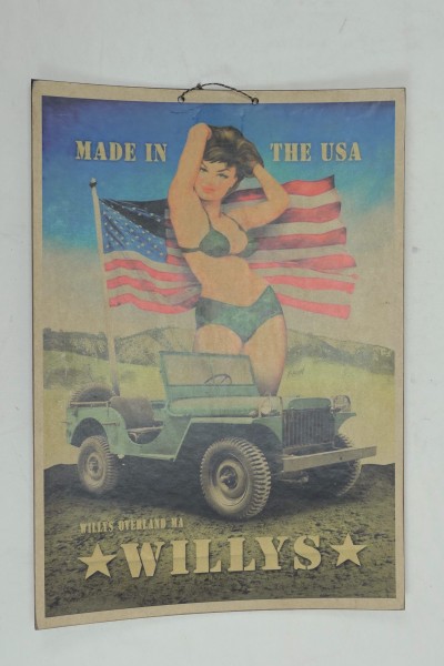 US Vintage Sign Poster Board - US Army - Willys Jeep Overland Made in the USA