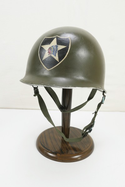 #B US ARMY Type WW2 M1 steel helmet 2nd Inf Div INDIAN HEAD helmet + liner chinstrap