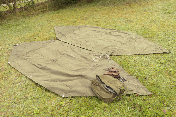 #5 TYPE US WW2 tent 2x tent canvas shelter tent half + poles and wooden stakes - two-man tent