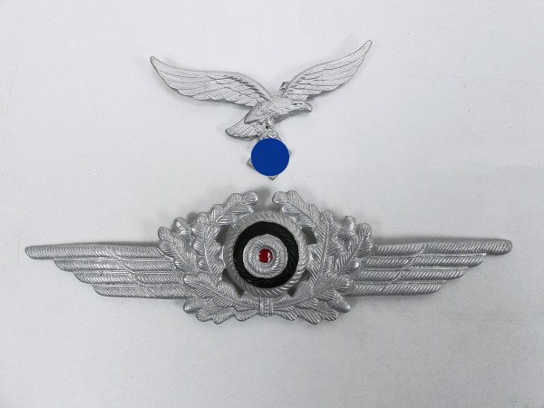Set of Luftwaffe effects aluminum cap eagle + oak leaf wreath / cockade for peaked cap
