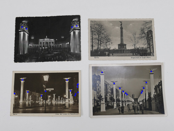 #68/ 4x postcard / PK 3.Reich BERLIN Unter den Linden Siegessäule Großer Stern