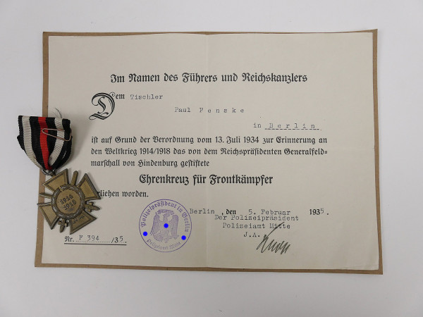 WK1 war participant honorary cross 1914/1918 T.&T..L. for front-line fighters with award certificate 1935
