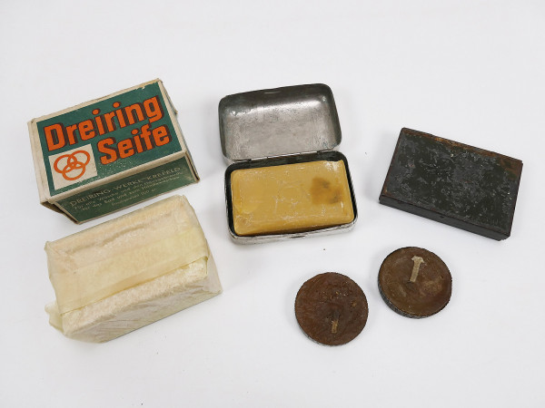 Convolute curd soap soap with packaging / metal tin + 2 bunker candles lanterns