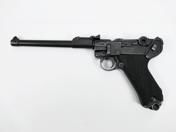 Wehrmacht deco pistol Luger Artillery P08 with long barrel and black grip antique finish