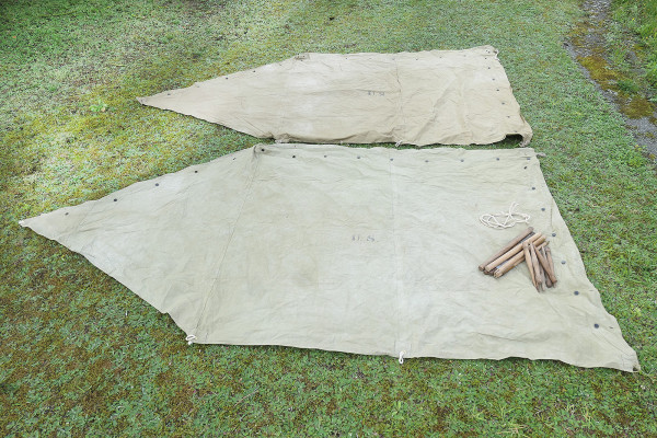 #7 US tent 2x tent canvas shelter tent half + 2x poles 7x wooden stakes - two-man tent