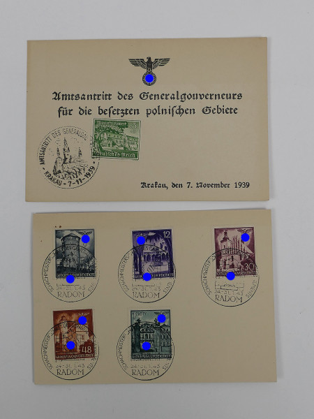 #74/ Postcard Krakow Poland inauguration Governor General 1939 / set of stamps Radom chess