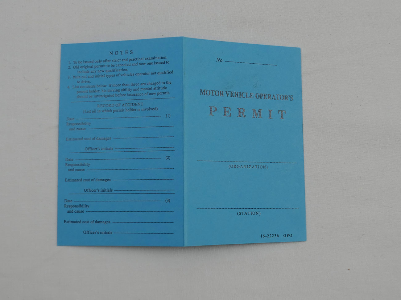 WW2 US Drivers Permit for Re-enactment Motor Vehicle Licence 