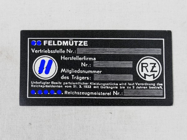 RZM manufacturer's label for the SS field cap label