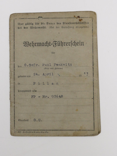 3.Reich Wehrmacht driver's license 1942 / Class 2 / Obergefreiter